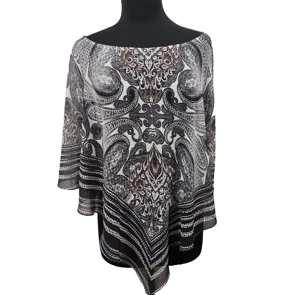 World Unity Woman Sheer Poncho Gray Black White Paisley Rhinestone Plus Size 2x